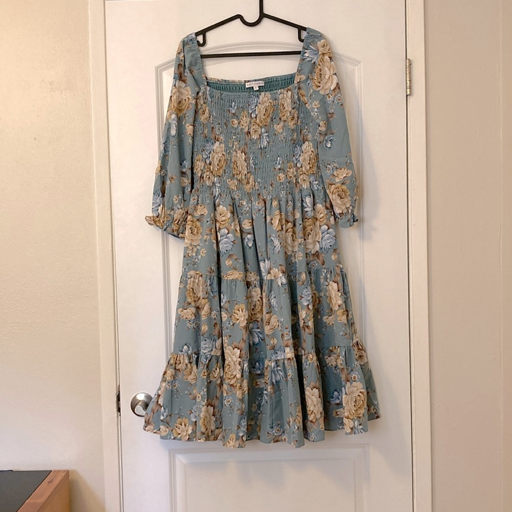 Baltic Born Marta Smocked Midi Dress Blue Floral